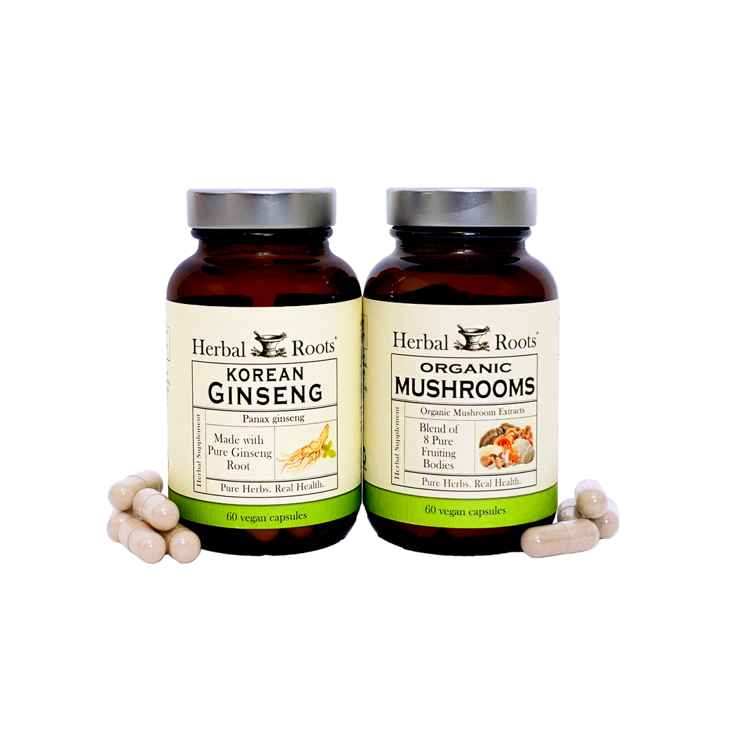 Herbal Roots Korean Ginseng and Organic Mushrooms products next to each other