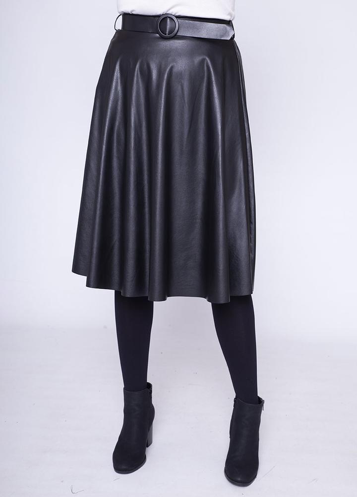 Faux Leather Stretch Waist Skirt in Black