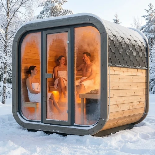Outdoor cabin sauna surrounded by trees in a backyard wellness setting