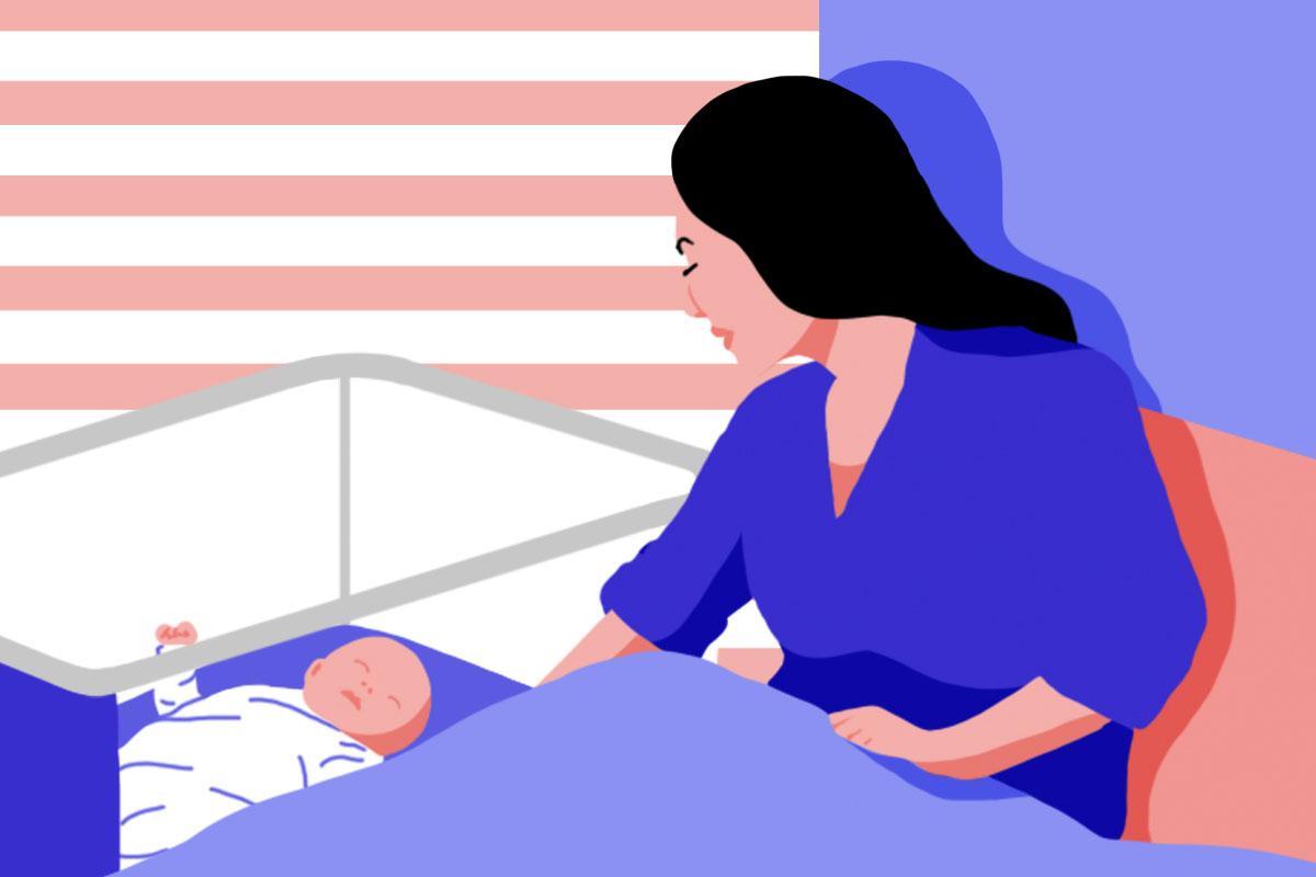 A woman practicing safe co-sleeping with her baby, using a bassinet attached to the side of the bed.