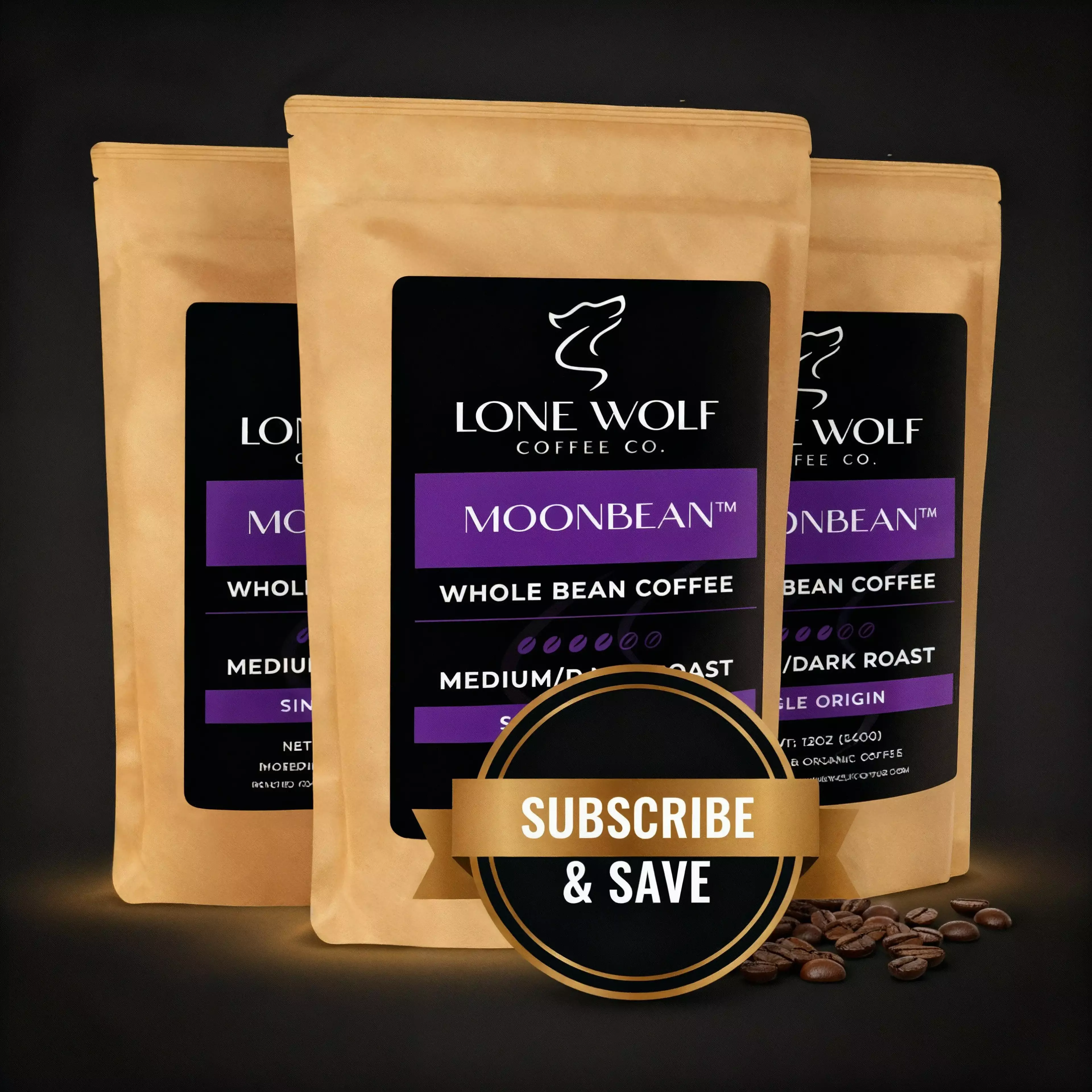 Lone Wolf Coffee Subscribe & Save image showing a premium coffee subscription option with multiple bags and a gold badge.