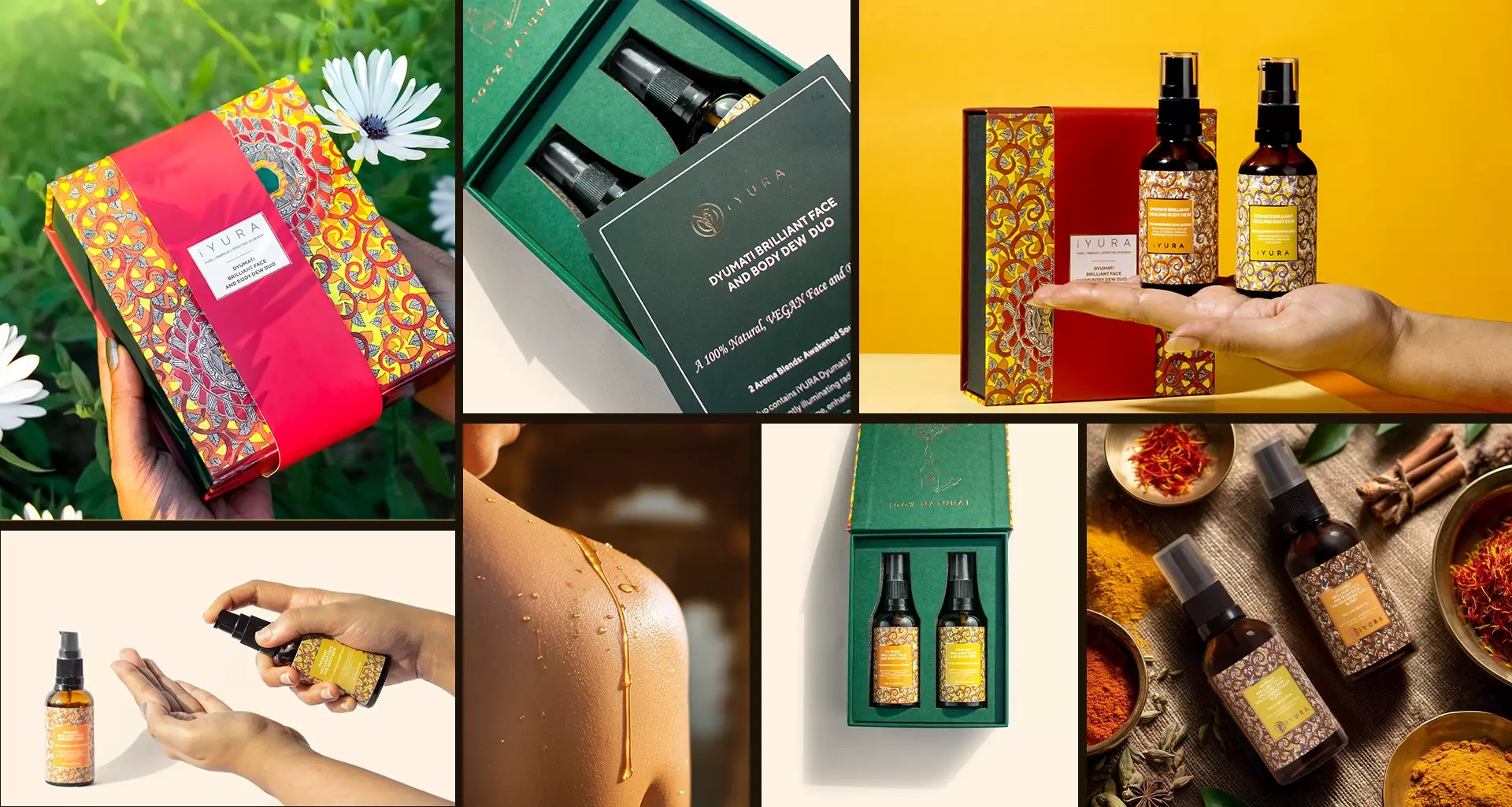 lifestyle images of Dyumati with text saying: FREE Dyumati Illuminating Face & Body Dew Duo worth $86 USD on orders over $100 USD.