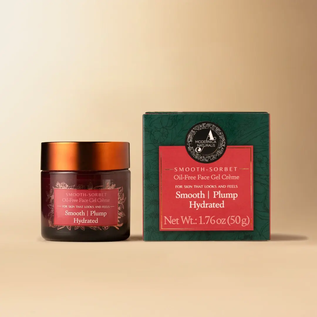 Smooth-Sorbet Oil-Free Face Gel Crème jar beside its green and red retail carton, net weight 1.76 oz (50 g)