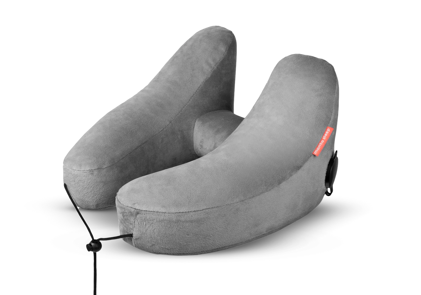 A gray inflatable nap pillow for travel.