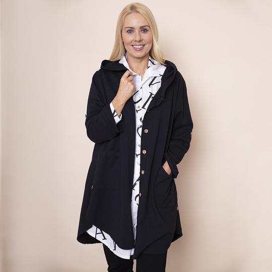 Button Sleeve Hoody Jersey Jacket in Black