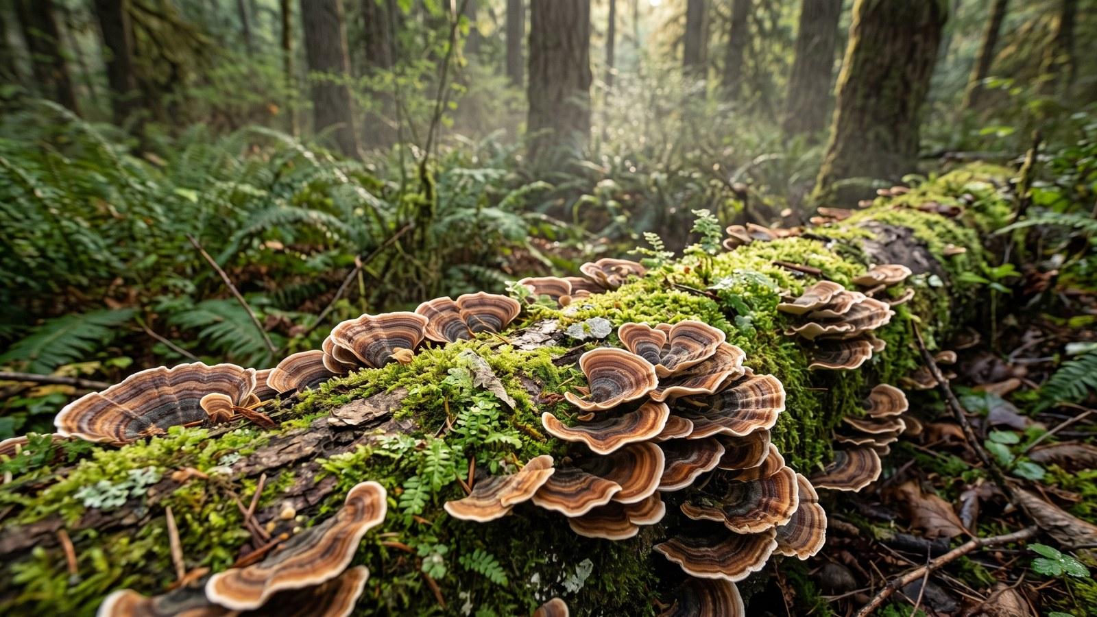 Wild turkey tail mushrooms growing in banded rosettes on a mossy log in the forest