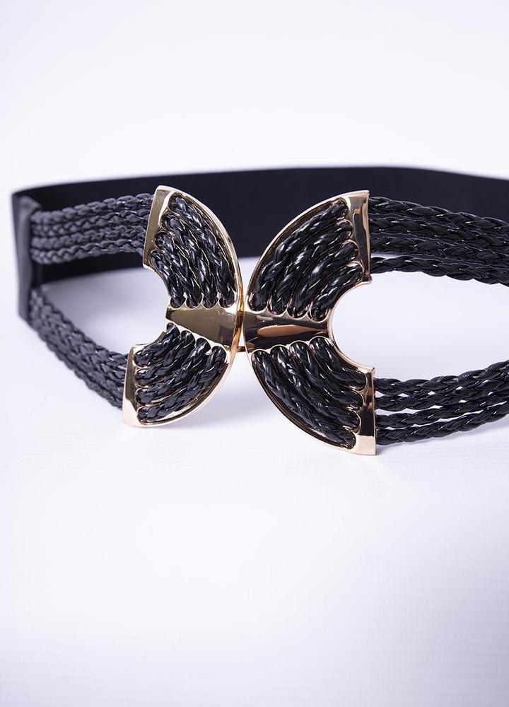 Gold Braided Elastic Waist Belt in Black