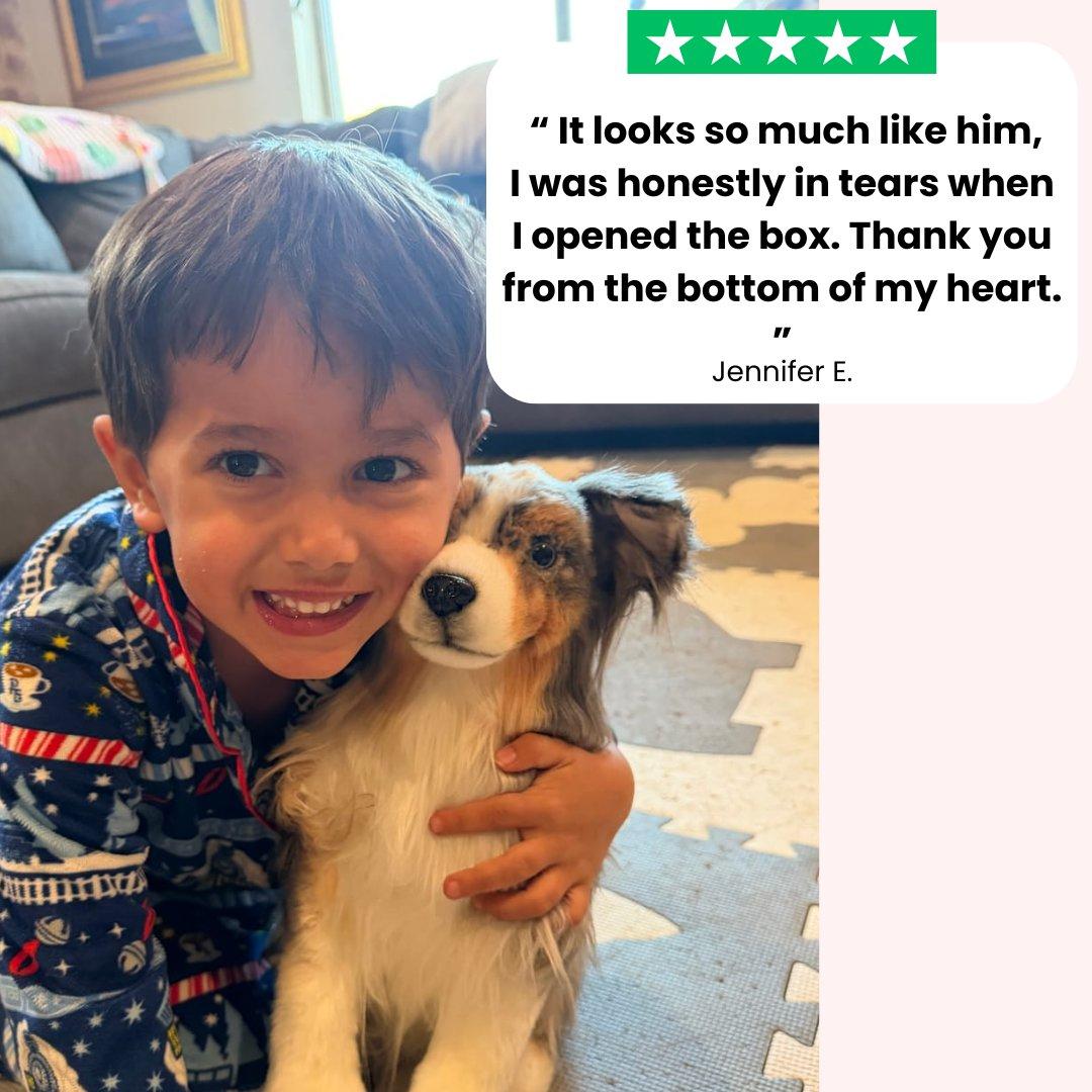 customer holding a custom pet plush with a review about his plush