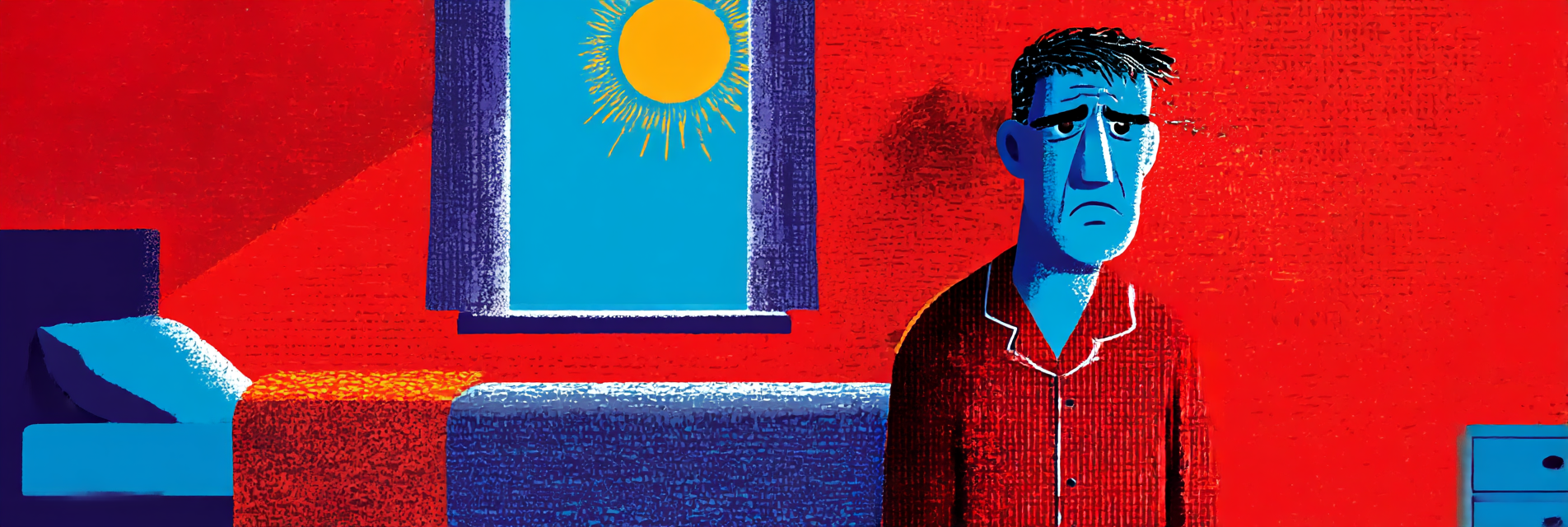 A groggy man experiencing sleep inertia in the morning as a result of an out-of-sync circadian rhythm.