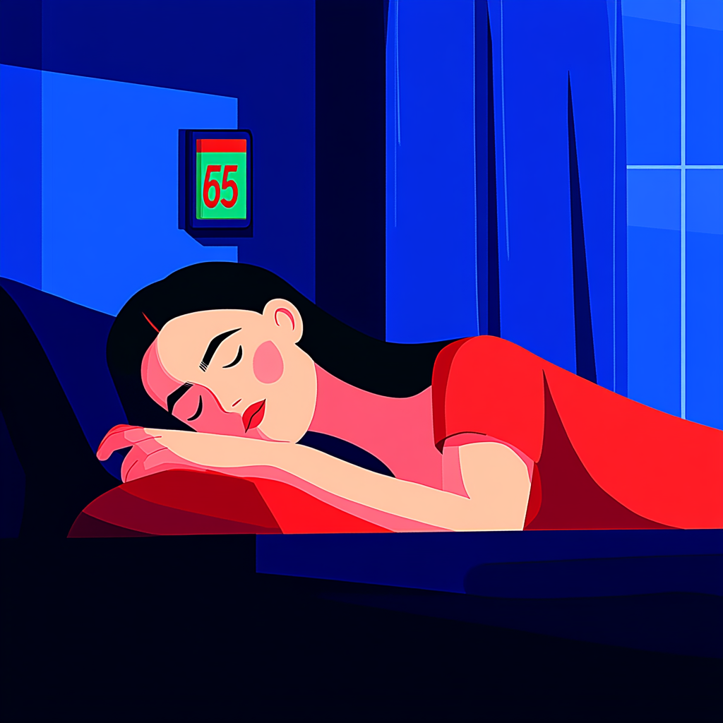 A woman sleeping at the optimal sleeping temperature of 65 degrees Fahrenheit.