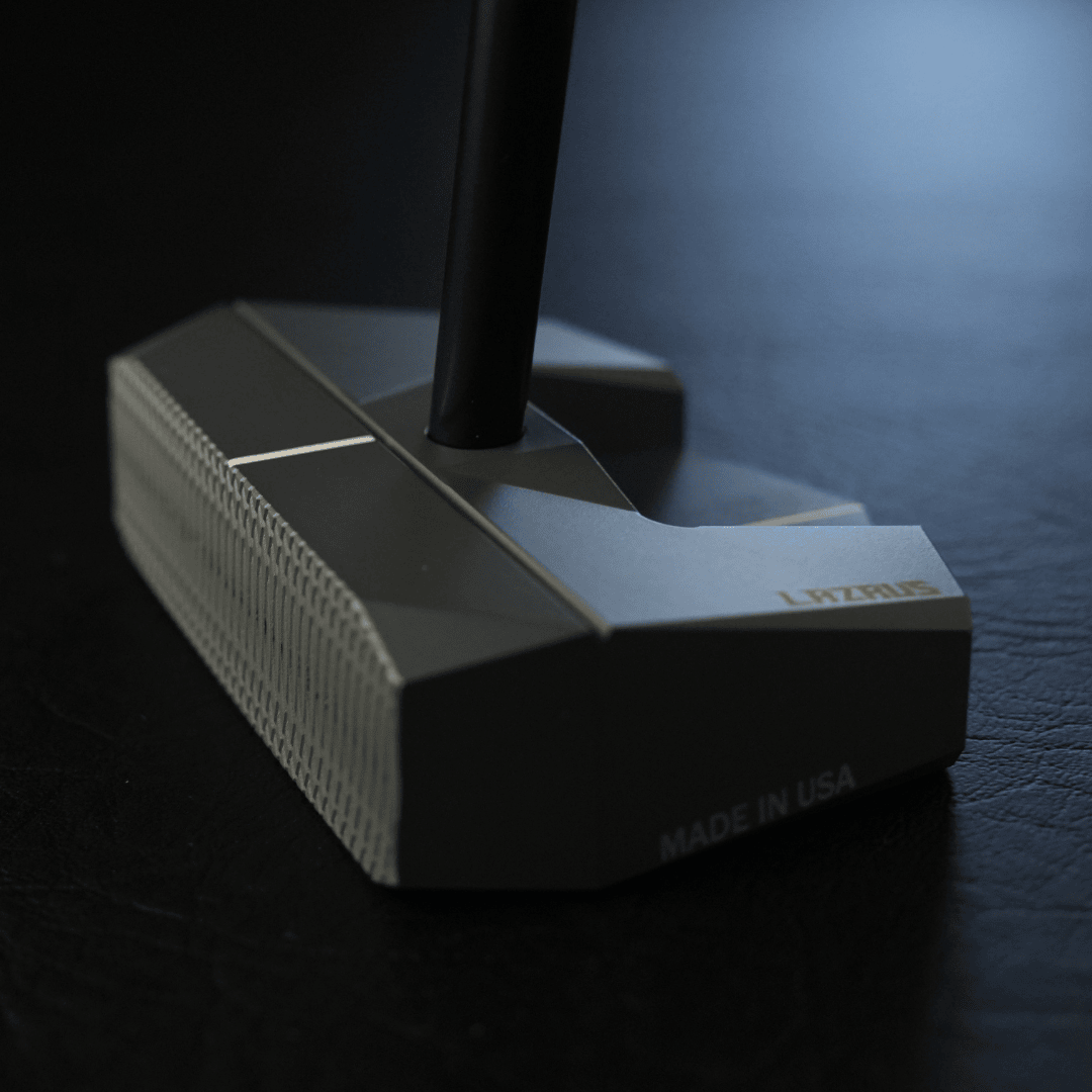 Lazrus LAZ2.5 zero torque mallet putter in Red finish showing face of the club with screws, logo and milled face