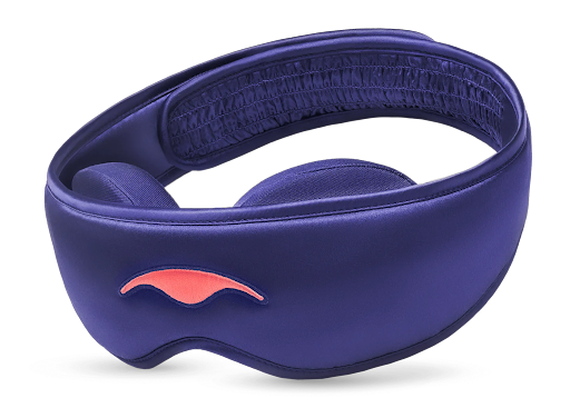A blue silk sleep mask with eye cups and an elasticated, adjustable head strap.