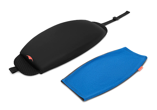 A black nap pillow and its blue slipcover.