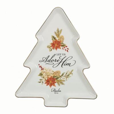 platter in the shape of a Christmas tree, flowers and inscription "Let Us Adore Him"