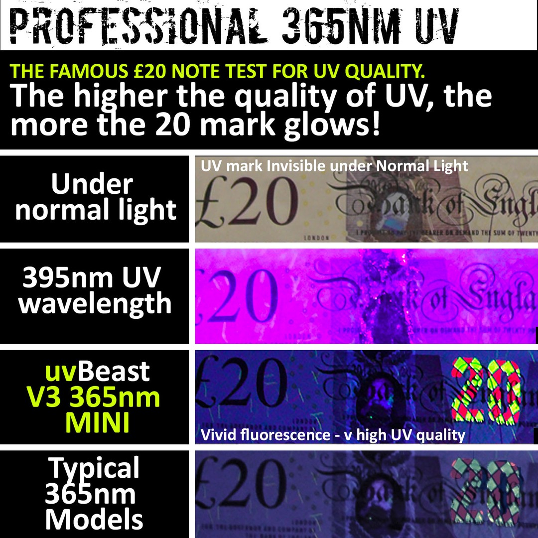  uvBeast Linterna UV de luz negra V3 385-395nm – LED de banda  ancha triple mejorada de alta potencia para uso profesional/comercial -  Stock de EE. UU. - Diseño del Reino Unido 