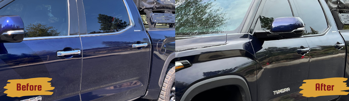 Before and After of Toyota Tundra Chrome Delete Conversion Kit on car door