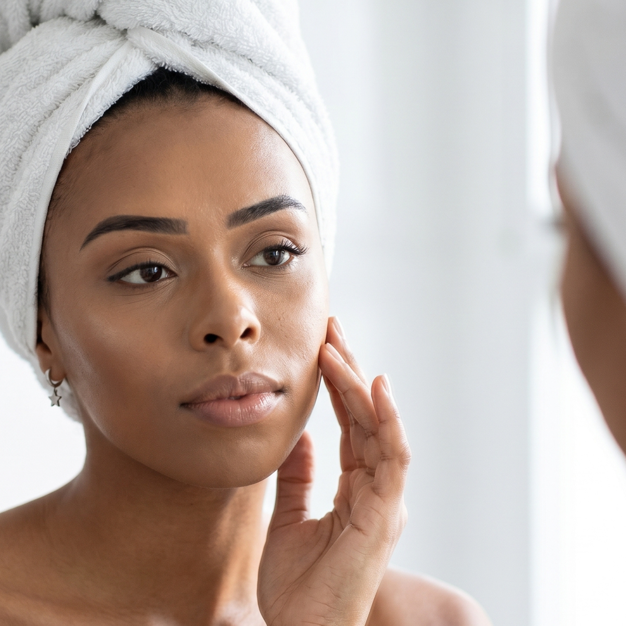 woman looking at her skin in the mirror