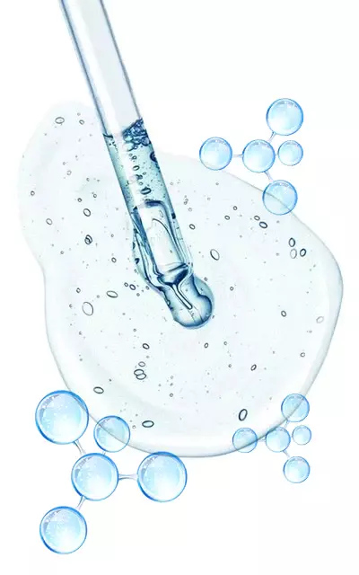 A dropper with a clear liquid, hyaluronic acid