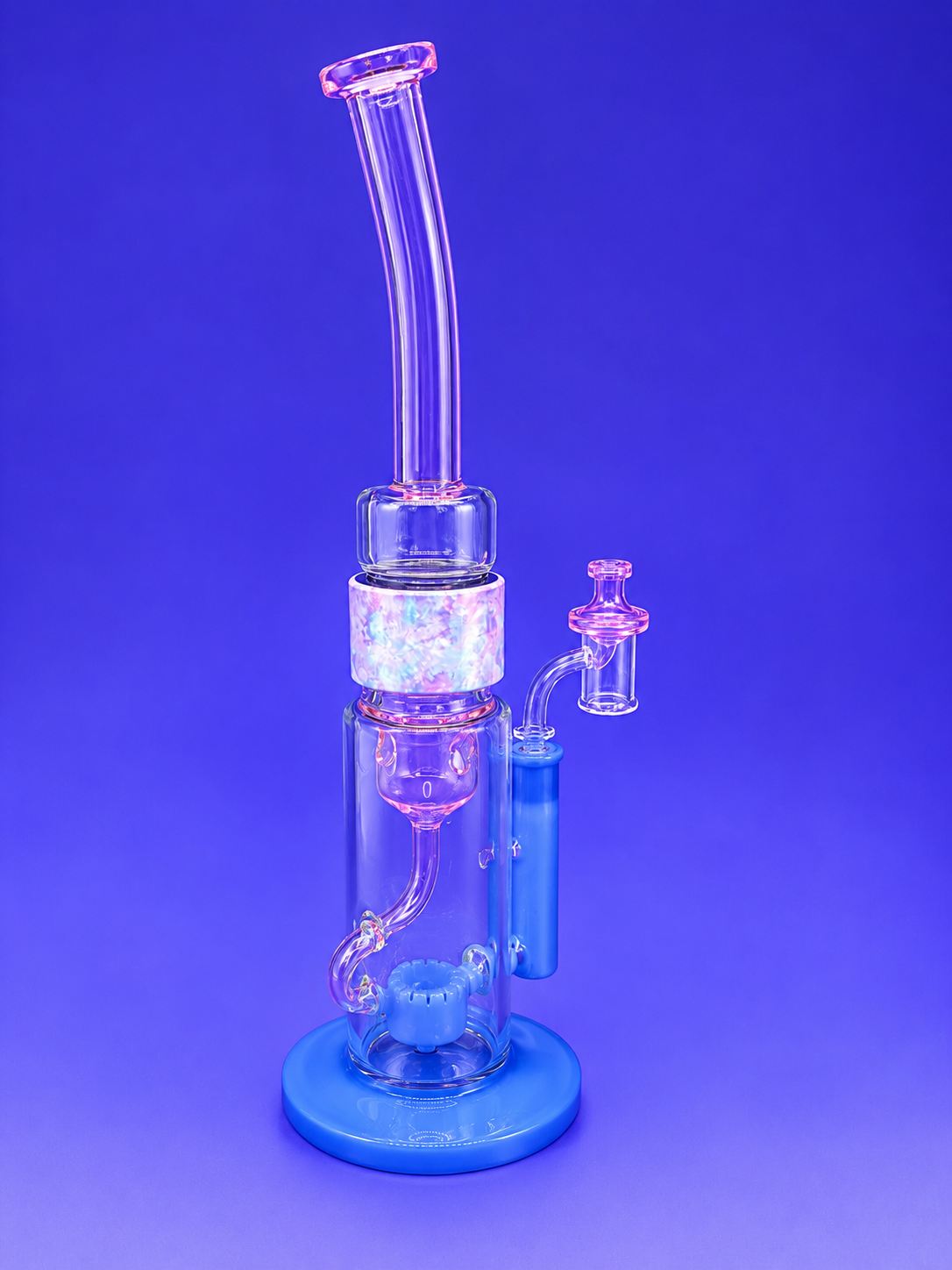 “Prism Single Stack Klein Incycler Dab Rig with grape taffy purple and slime green base, purple halo connector, and bent grape taffy purple mouthpiece for dabbing concentrates”
