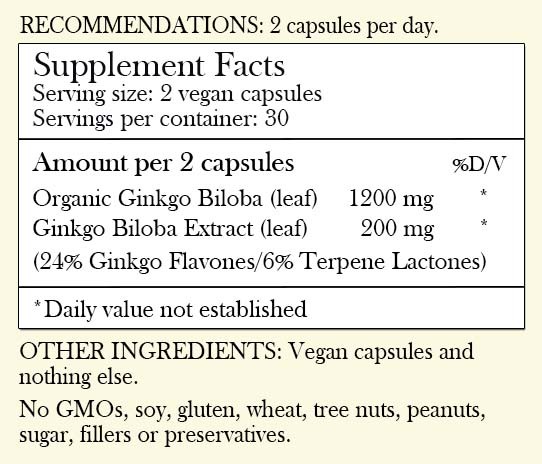 Recommendations: 2 capsules per day. Supplement Facts - Serving Size: 2 vegan capsules Servings per container: 30 Amount per 2 vegan capsules: Organic Ginkgo Biloba (leaf) 1,200 mg Ginkgo Bioba Extract (leaf) 200mg (24% Ginkgo Flavones/ 6% Terpene Lactones) *Daily value not established. Other Ingredients: Vegan capsules and nothing else. No GMOs, soy, gluten, wheat, tree nuts, peanuts, sugar, filler or preservatives.