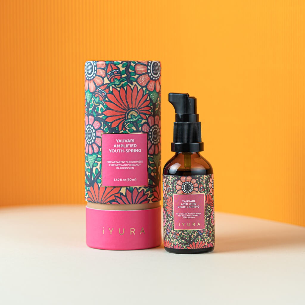 A bottle of Yauvari Amplified Youth Spring and its packaging