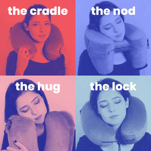 Ways to use Manta travel pillow as demonstrated by a girl counter-clockise from left: the cradle, the nod, the hug, the lock.