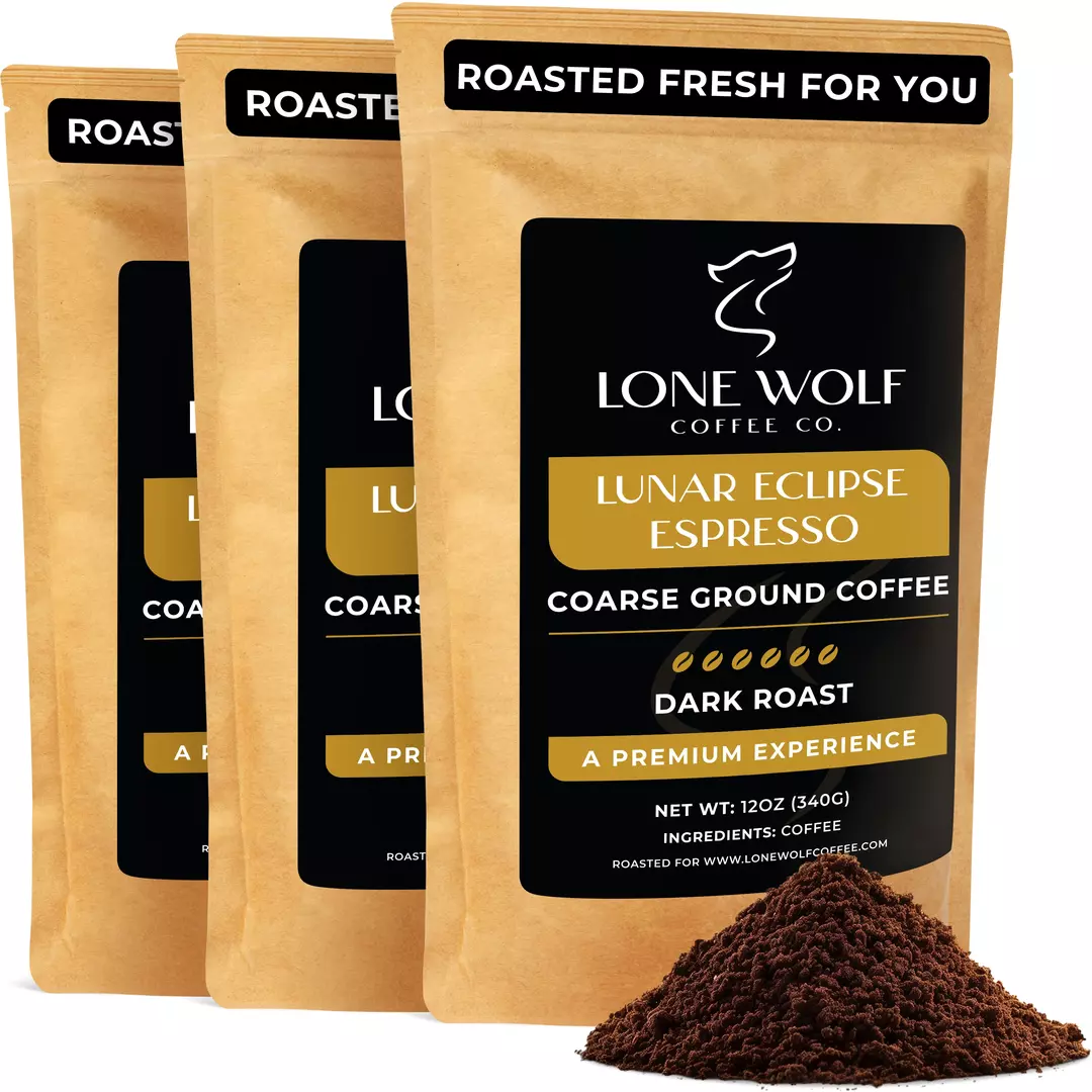 Three 12oz bags of Lone Wolf Coffee’s Lunar Eclipse Espresso Dark Roast Coarse Ground coffee bag product photo