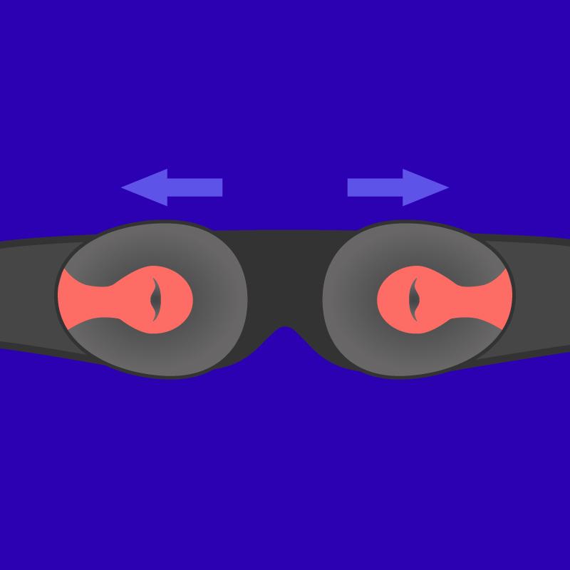 A sleep mask laid out with eye cups facing upward, arrows indicating that they can be pushed further apart.