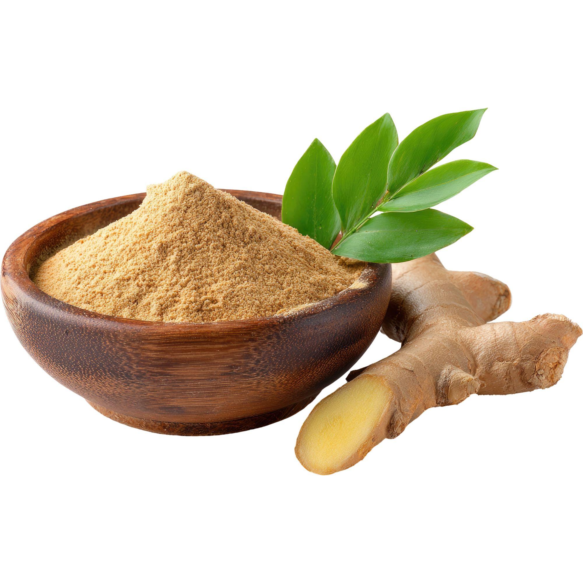 Aerial view of Herbal Roots Korean Ginseng product on a bamboo plate with a pile of raw ginseng root next to it and a wooden spoon above the bottle with capsules in it. There is a cast iron tea pot and a ceramic cup with tea in it.