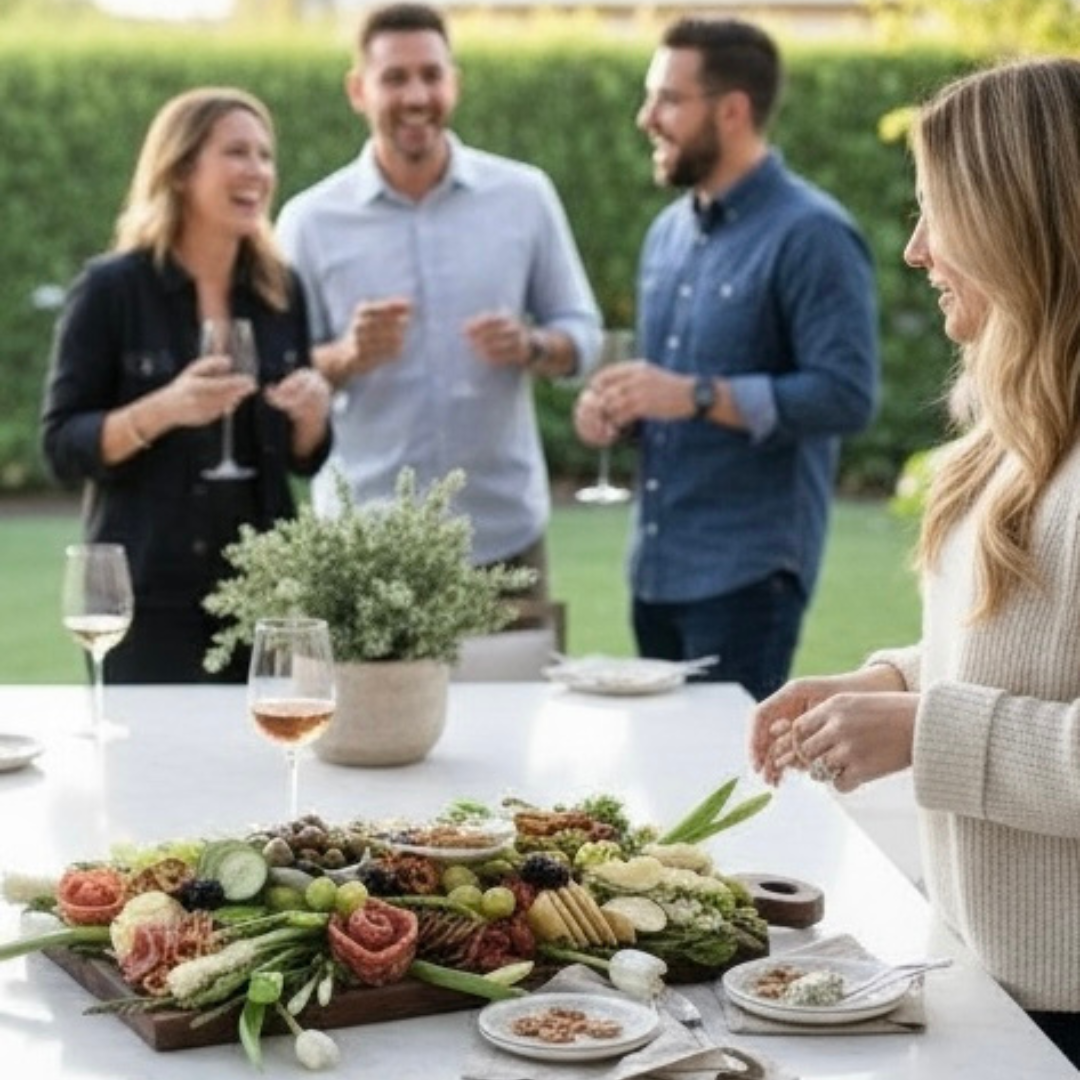A group of friends laugh and enjoy drinks outdoors while a woman prepares snacks on a beautifully arranged live edge charcuterie board, creating a relaxed and inviting atmosphere for stress free dinner hosting.