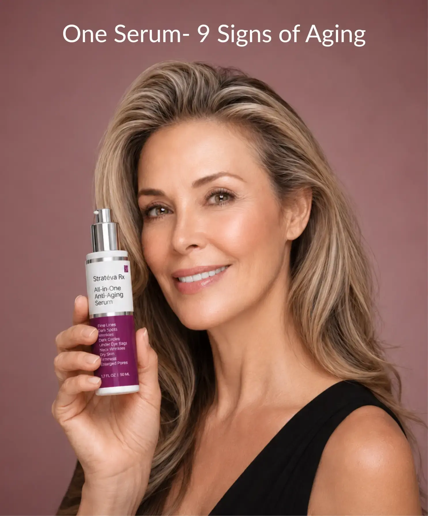 Gorgeous model holding the LeVaye vitamin C serum bottle with text below stating: Brighter. smoother. Firmer, Vitamin C Beyond Brightening