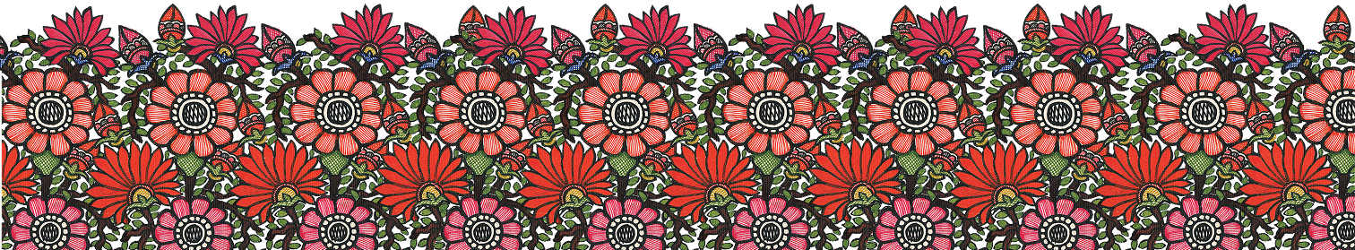 A colorful Madhubani folk art floral border featuring large red and pink hand-drawn flowers, decorative buds, and intricate black outlines. The composition includes vibrant green leaves and winding brown stems, rendered in a symmetrical and richly patterned style typical of traditional Indian Madhubani painting.