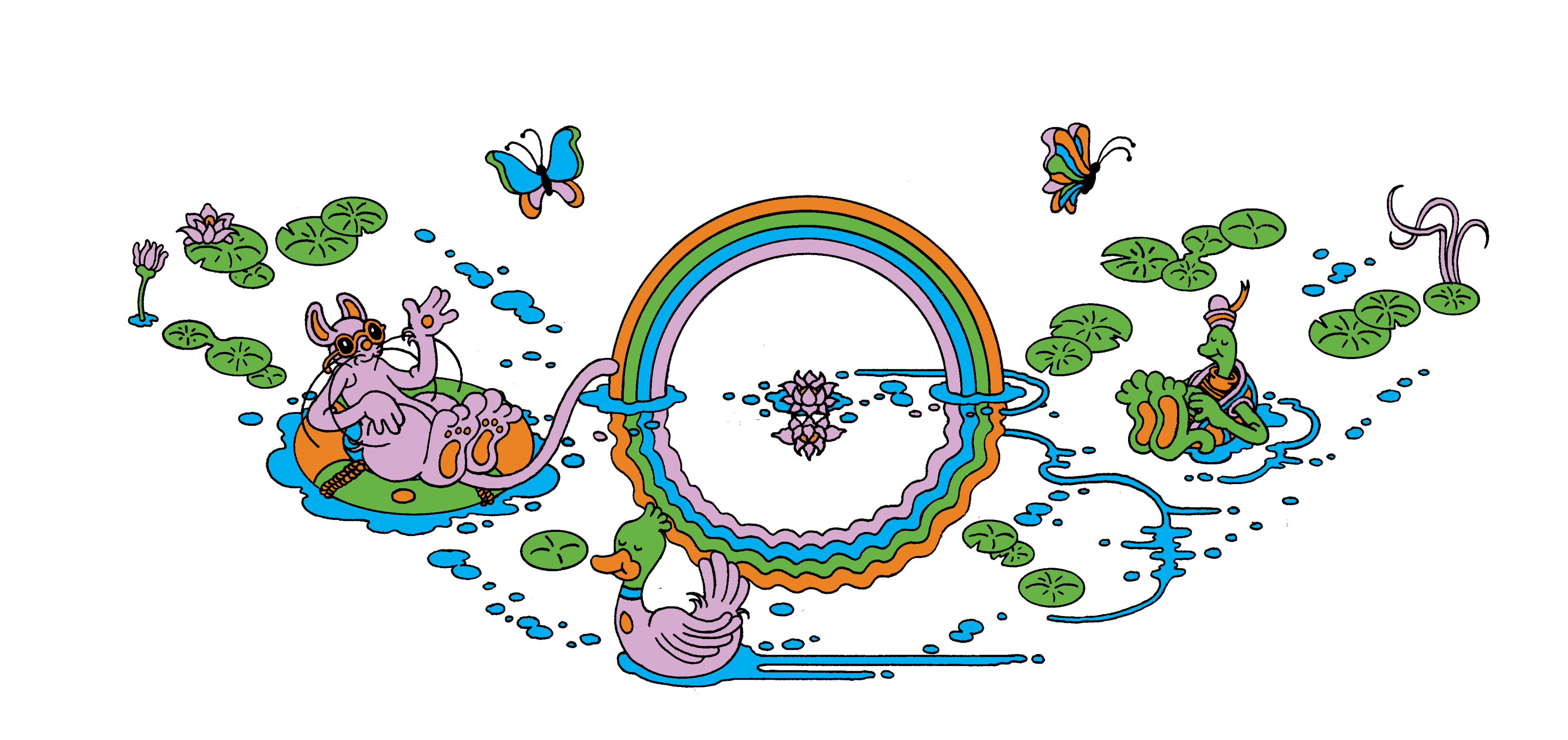 Brian Blomerth's design of pond animals tubing along a pond with lillypads with a white background