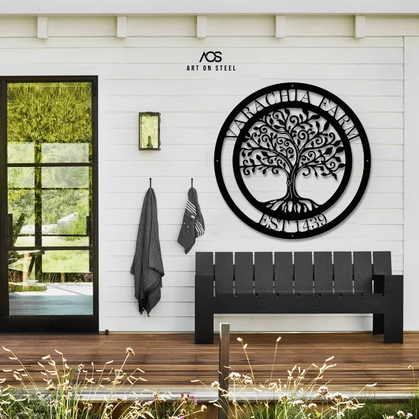 Founders Tree of Life Metal Wall Art – Custom black steel family or farm name sign by Art on Steel, personalized outdoor wall décor symbolizing heritage, roots, and legacy, crafted metal artwork for modern farmhouse and patio design