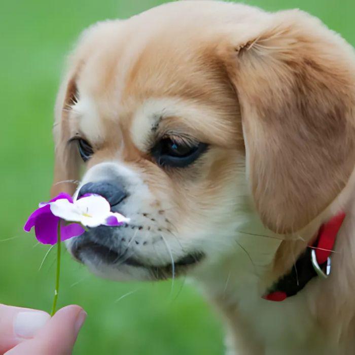 Dog smelling flower