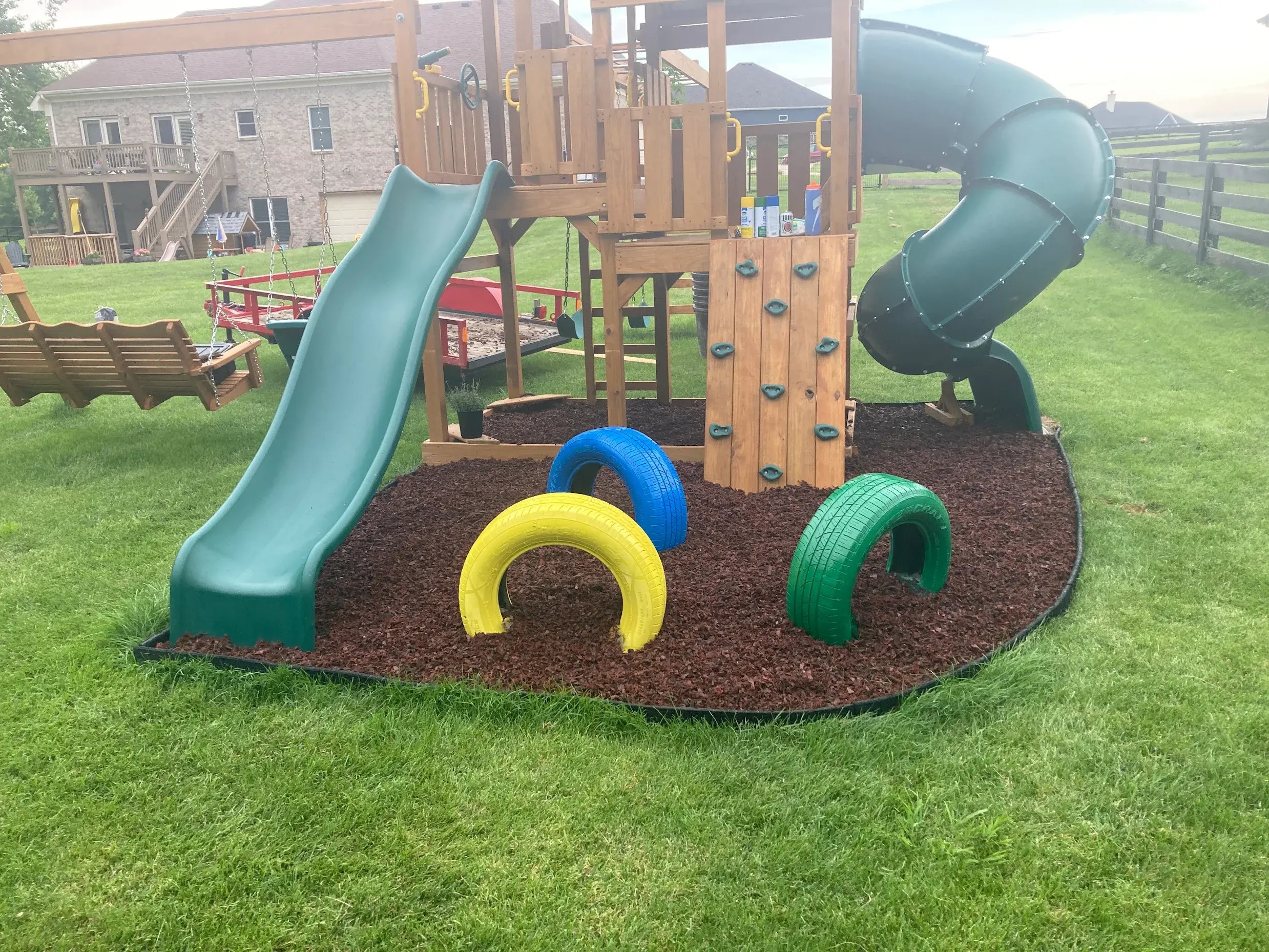 Playground surface installed with rubber mulch for fall protection