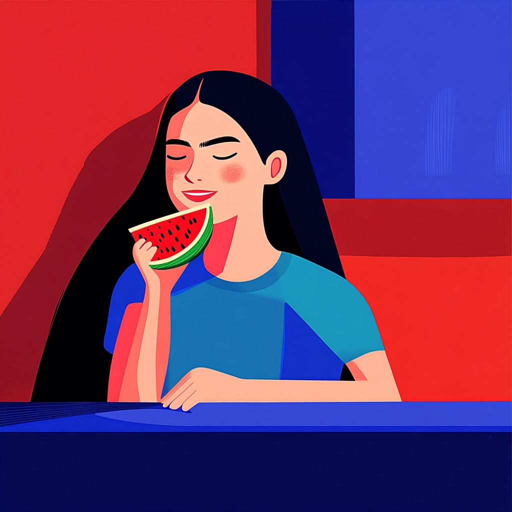 A woman eating a slice of watermelon to stay hydrated on a hot summer day.
