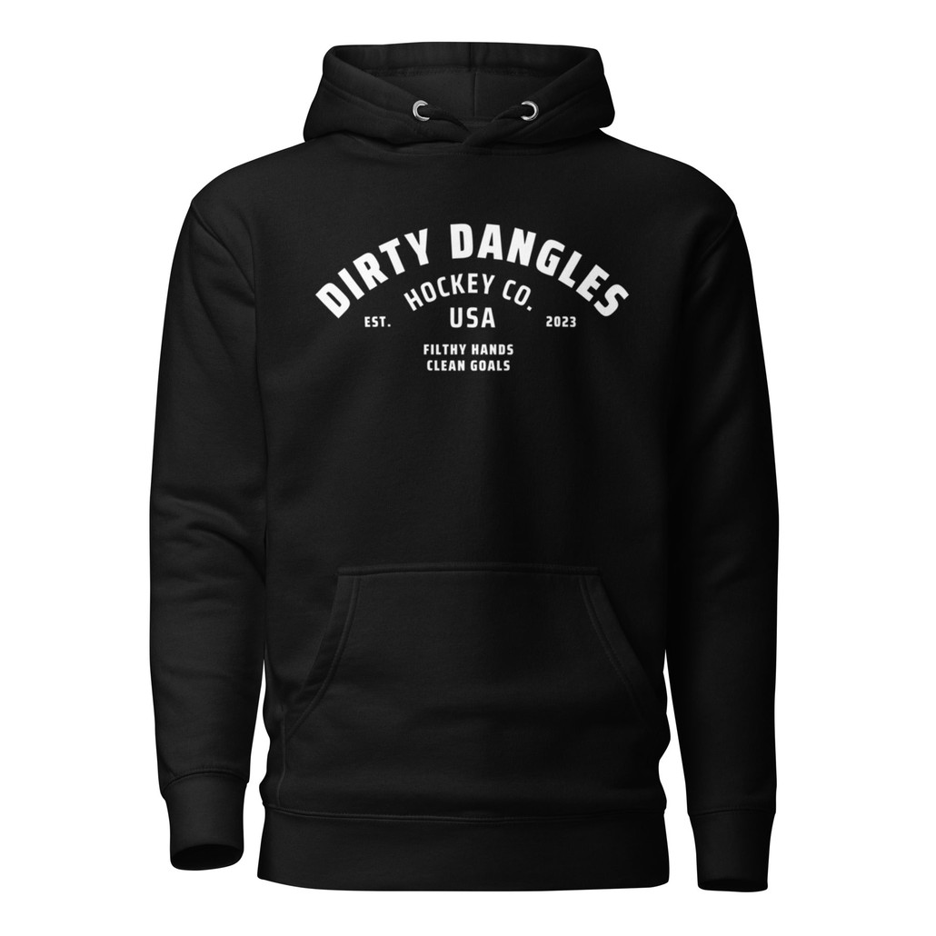 A black hoodie on a white background. Dirty dangles hockey co.