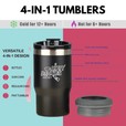 An infographic showing the benefits of dirty dangles 12oz 4 in 1 tumblers. Can hold bottles, 12oz cans, slim cans and can be used as a regular pint tumbler. Locking lid. BPA free lids, 304stainless steel. double wall vacuum insulated.