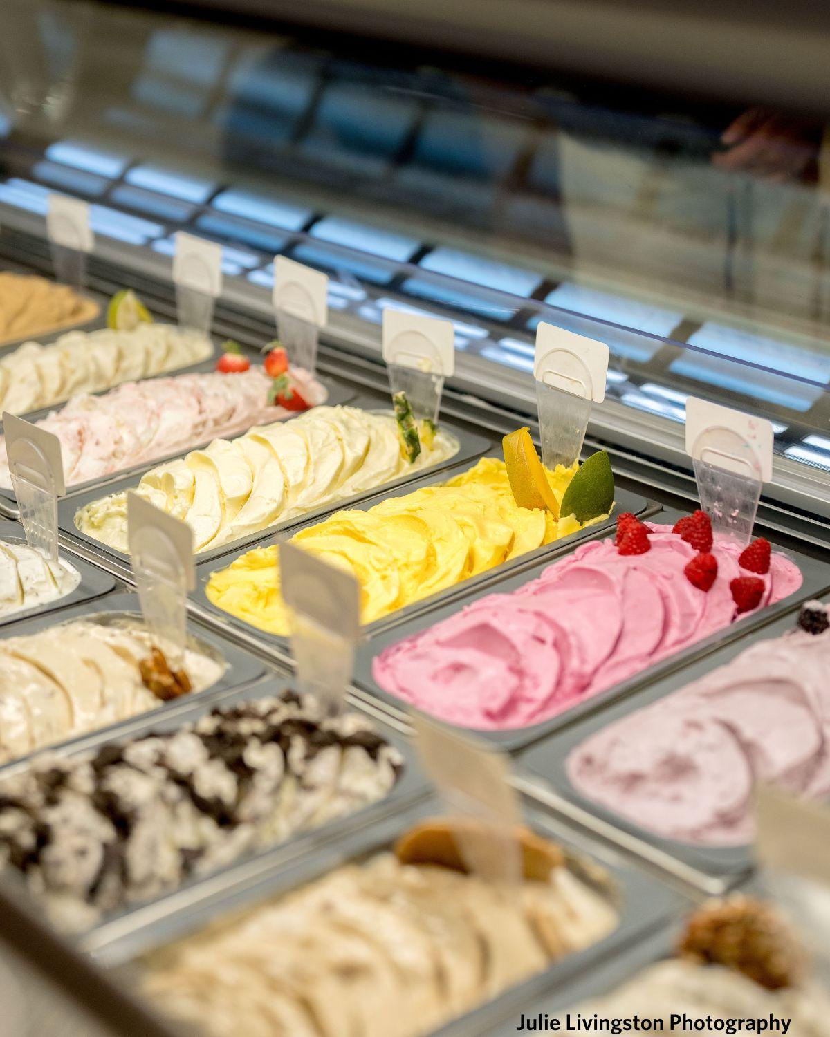 Homemade ice cream flavors in the case at River Street Sweets King Street Charleston
