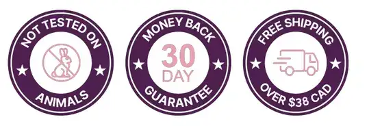 Dermatologically tested, No added Parabens, Vegan, Not tested on animals, 30 days money back guarantee badge_mob