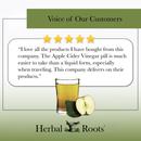 Voice of our customers with 5 stars and a picture of a glass of ACV with a half of apple next to it. The review says "I love all the products I have bought from this company. The apple cider vinegar pill is much easier to take than a liquid form, especially when traveling. This company delivers on their products."