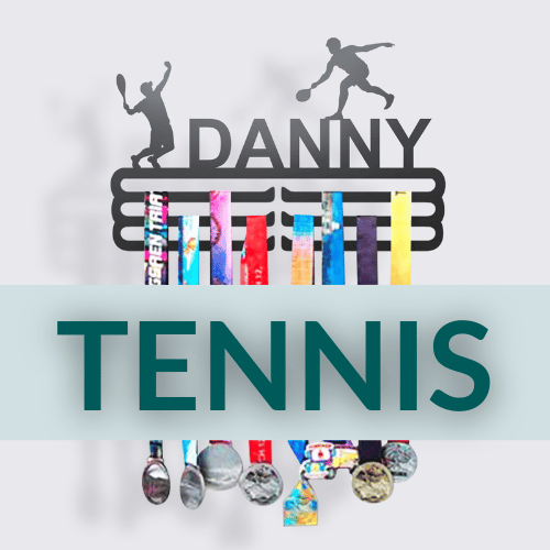 Personalized Tennis Medal Hanger in matte black steel with a custom name — Athlete's Gift Shop