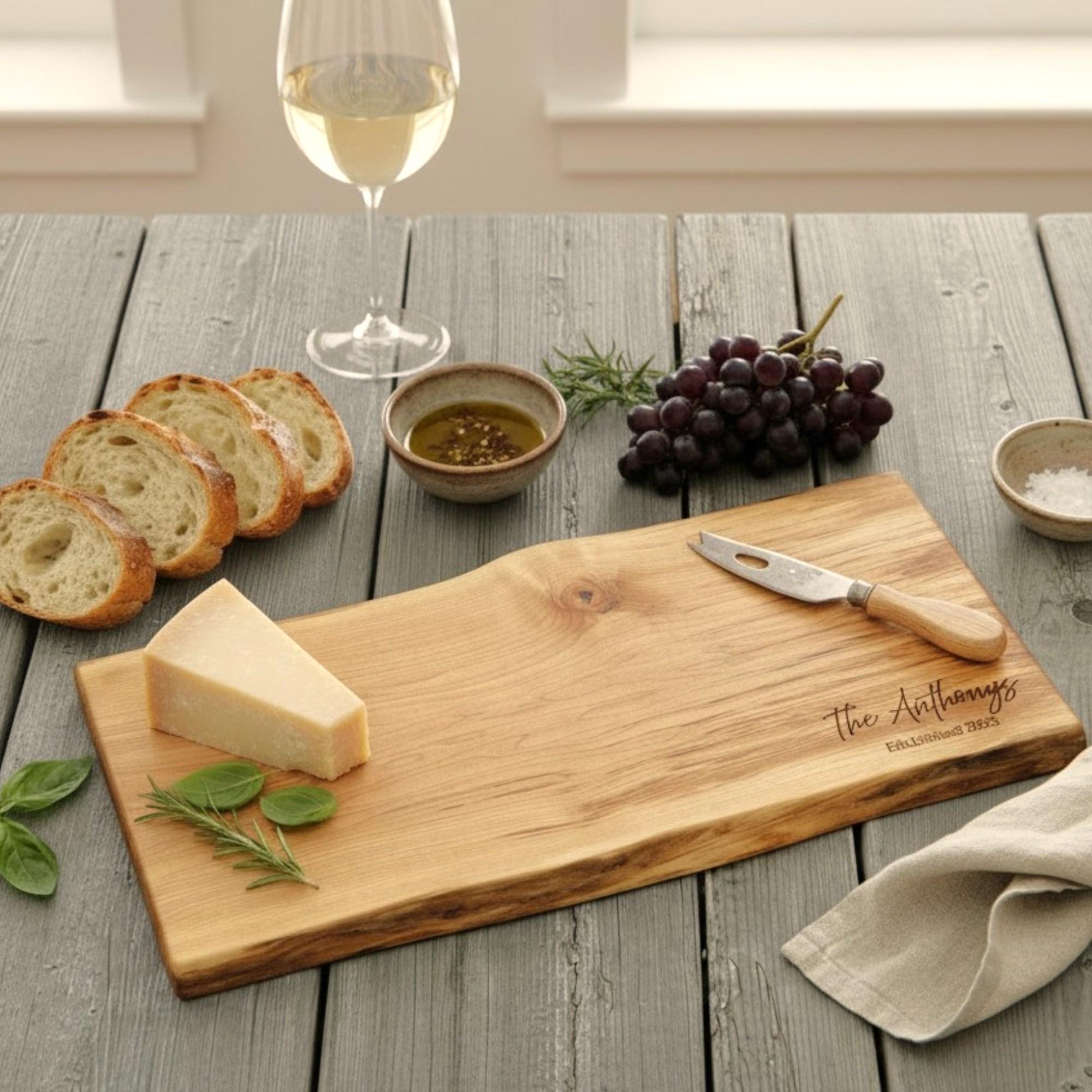 Personalized live edge maple charcuterie board with custom engraved family name