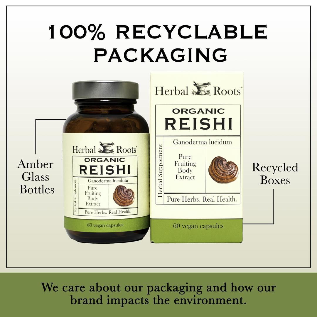 Box & bottle of Herbal Roots Organic Reishi Mushroom. Above picture it says "100% Recycled packaging." At bottom it says "We care about our packaging and how our brand impacts the environment." There's a line coming from the bottle to the left that says "Amber glass bottles" and a line coming from the box to the right that says "Recycled boxes."