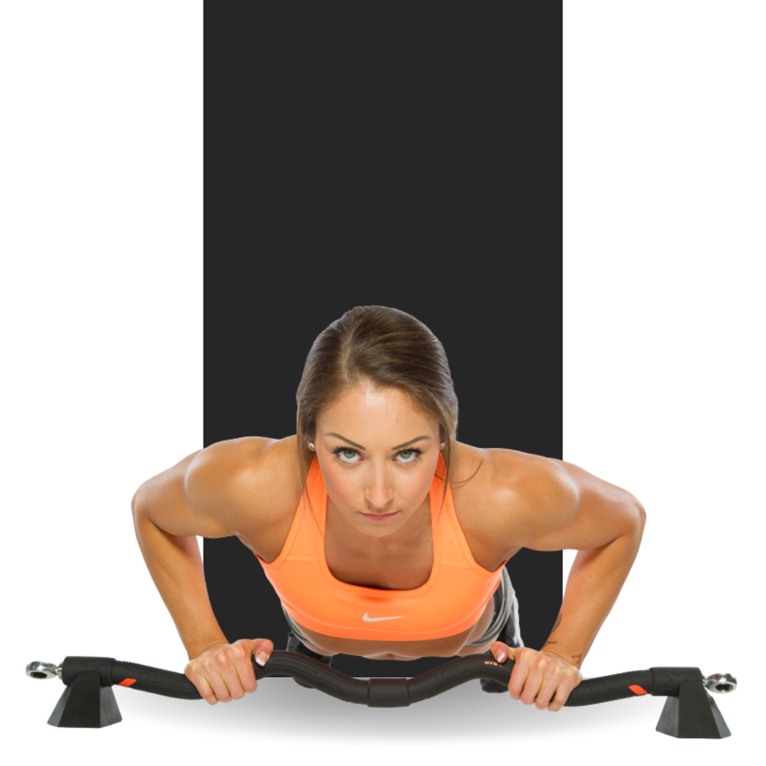 woman doing a push up with the xbar fitness push up docks