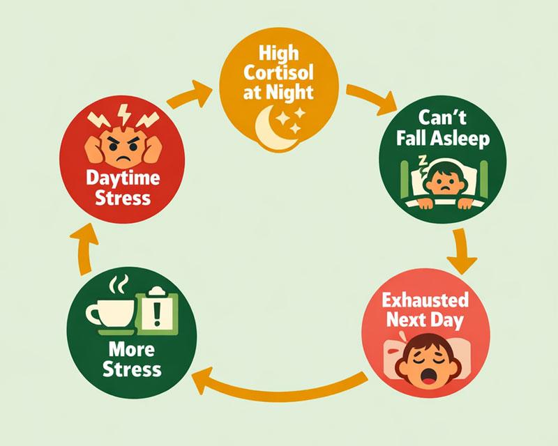 Cycle showing daytime stress leading to high cortisol at night, trouble falling asleep, next-day exhaustion, and more stress