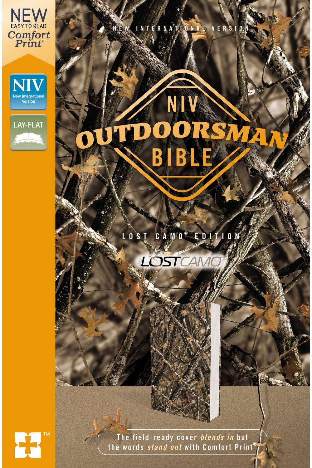 NIV Outdoorsman Bible Lost Camo retail box with orange NIV and Comfort Print labels
