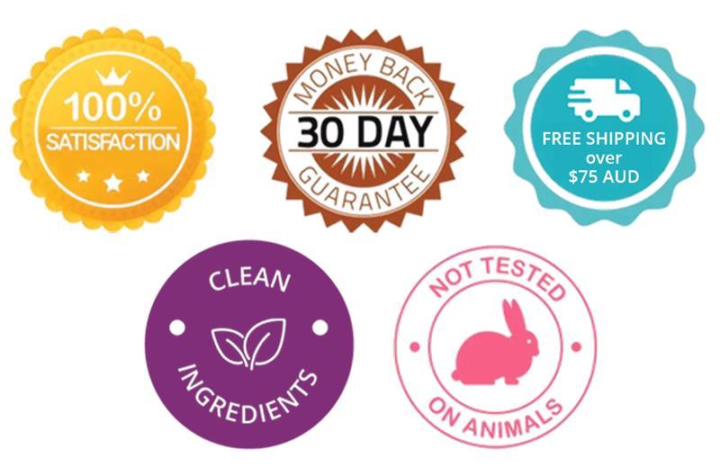 Badges of 100% Satisfaction, 30-day Money back guarantee, clean ingredients, and not tested on animals