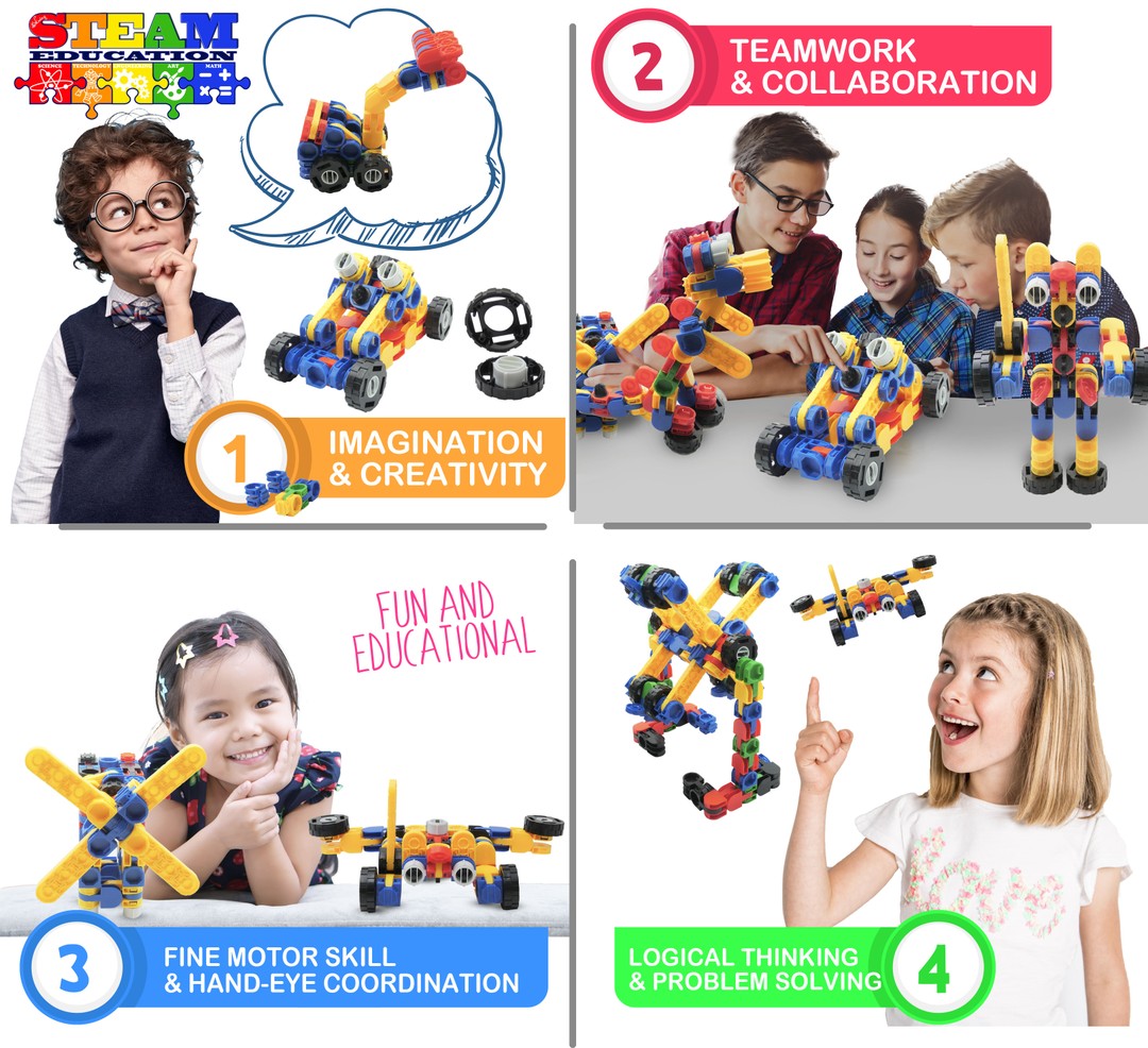 Skoolzy Klikio Stem Toys Kit. Creative Building Blocks Educational Construction 98 PC Learning Games Set. Ages 3 4 5 6 7 8 9 10